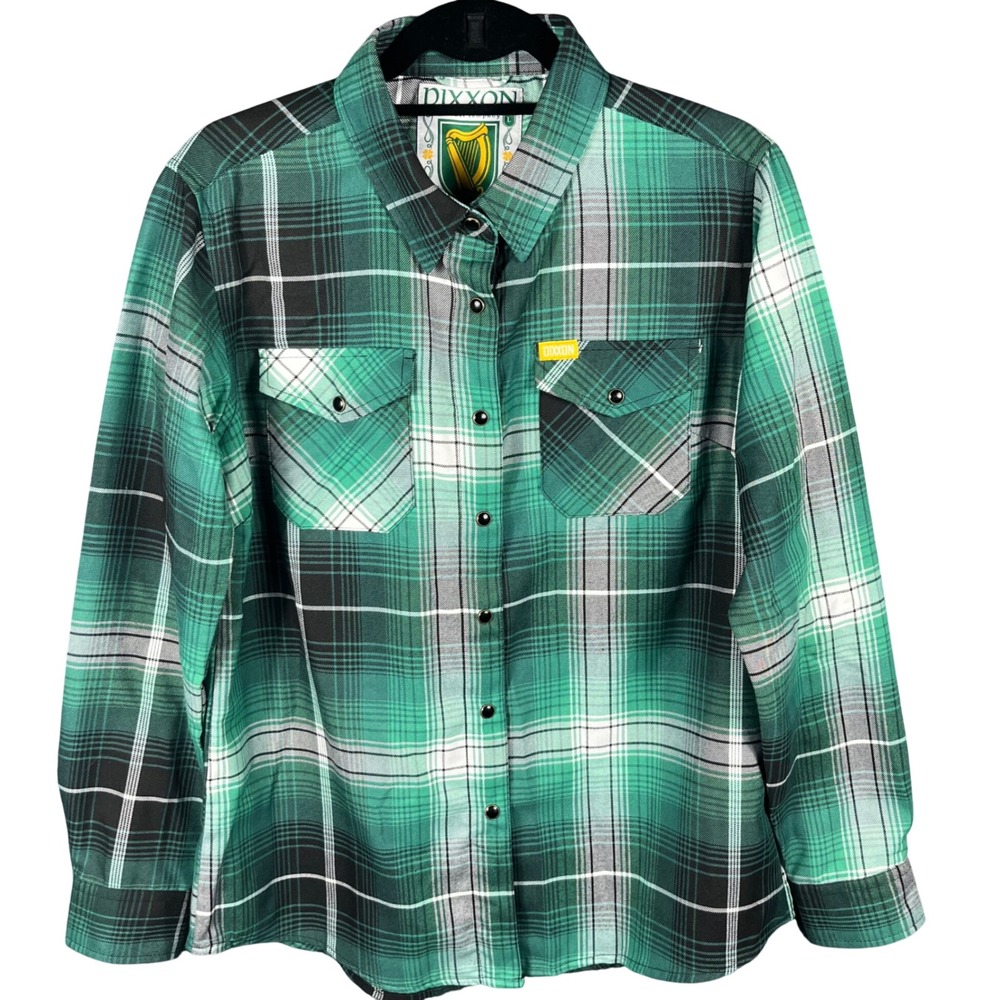 Dixxon Flannel The Reilly Women Large Green Plaid D-Tech Snap Button Shirt